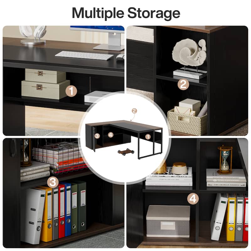 71 inch Executive Desk, L Shaped Desk with Cabinet and Shelves for Home Office