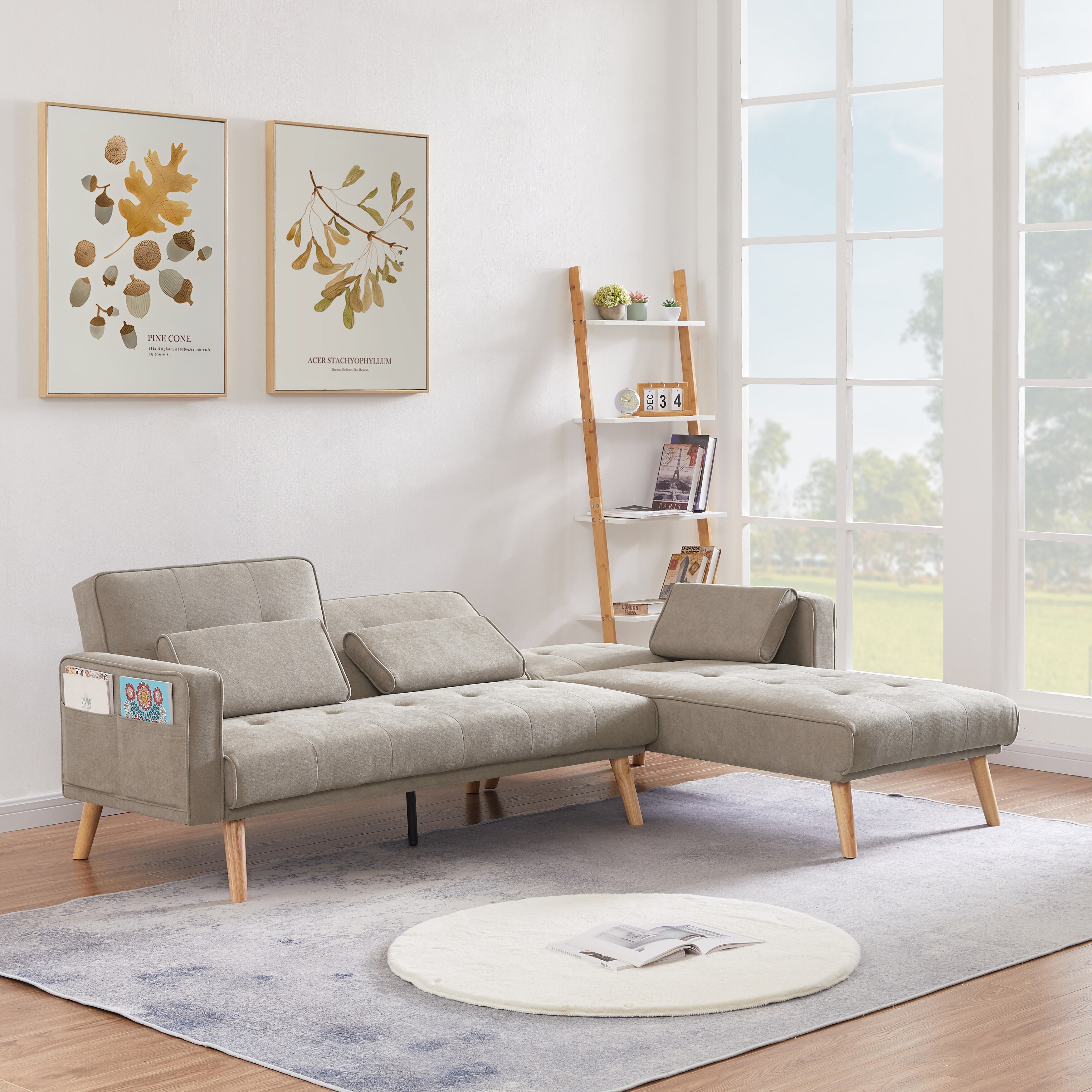 Modern Linen Upholstery Convertible Sofa Bed Right Side Lounger