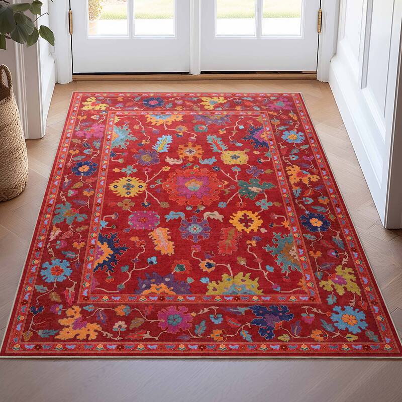 Well Woven Ushak Bodrum Modern Vibrant Floral Flat-Weave Area Rug - 3'11" x 5'3" - Red