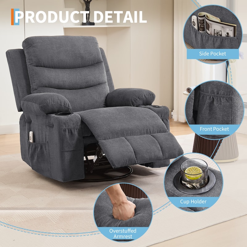 Swivel Rocker Recliner Chair with Massage and Heat, Oversized Reclining Sofa