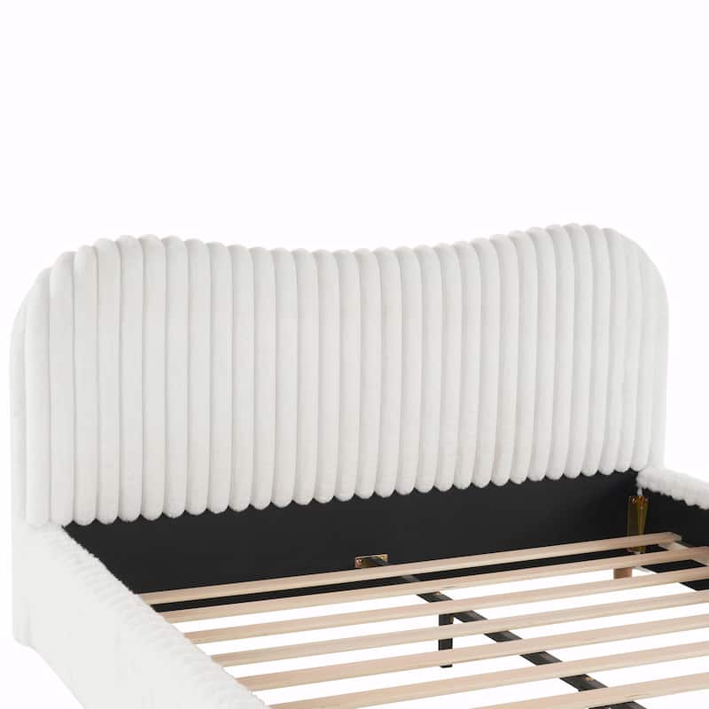 Sleek White Bouclé Upholstered Bed with Wavy Headboard & Vertical Stitching