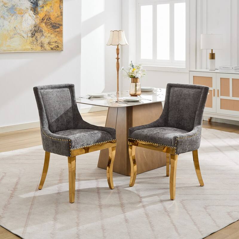 Chenille Dining Chairs, Modern Upholstered Accent Chair with Curved Gold-Plated Legs & Rivet Trim, Plush Fabric, Set of 2