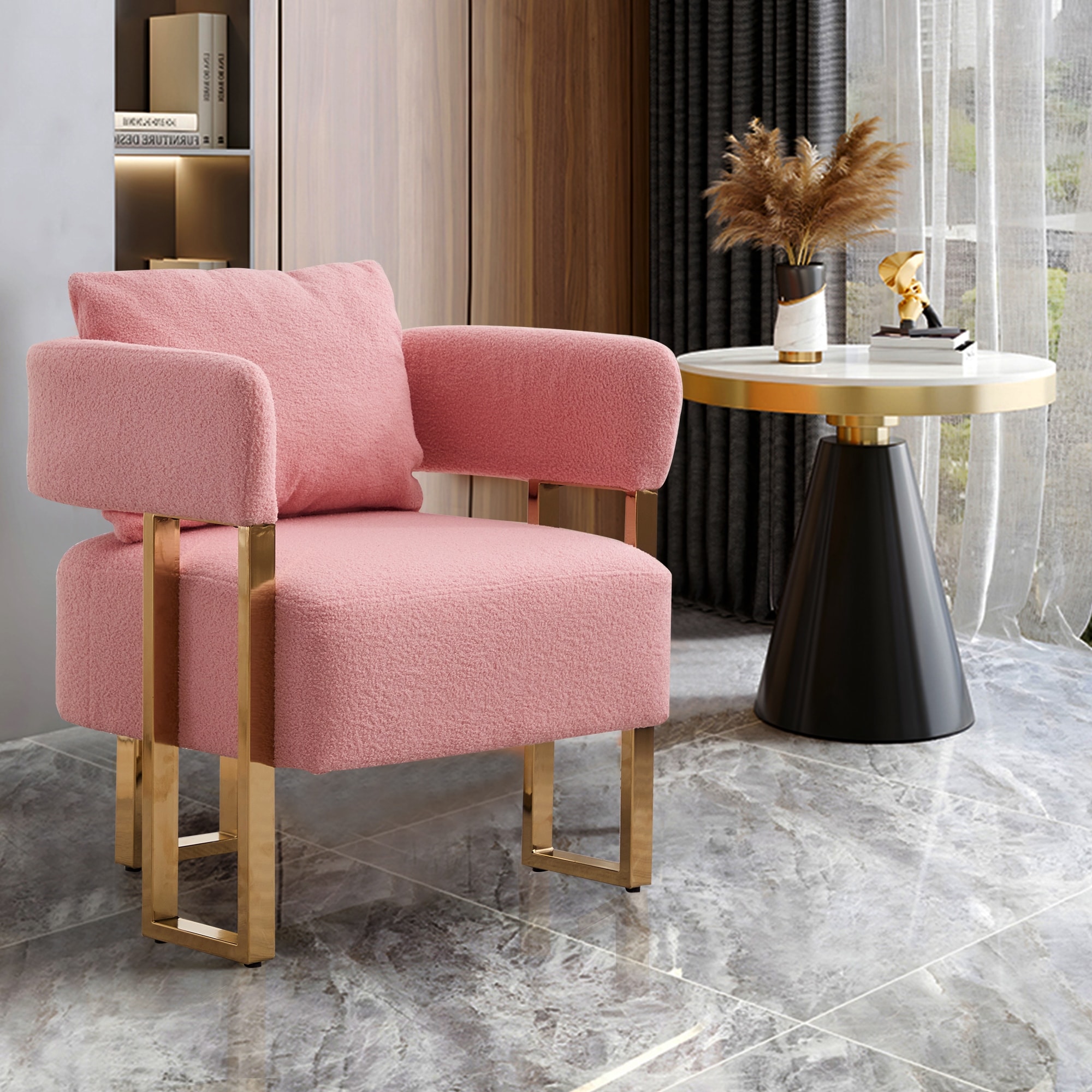 Decorative Chair Side Chair Padded Chair with Metal Legs, Reading Chair Pink Vanity Chair for Living Room