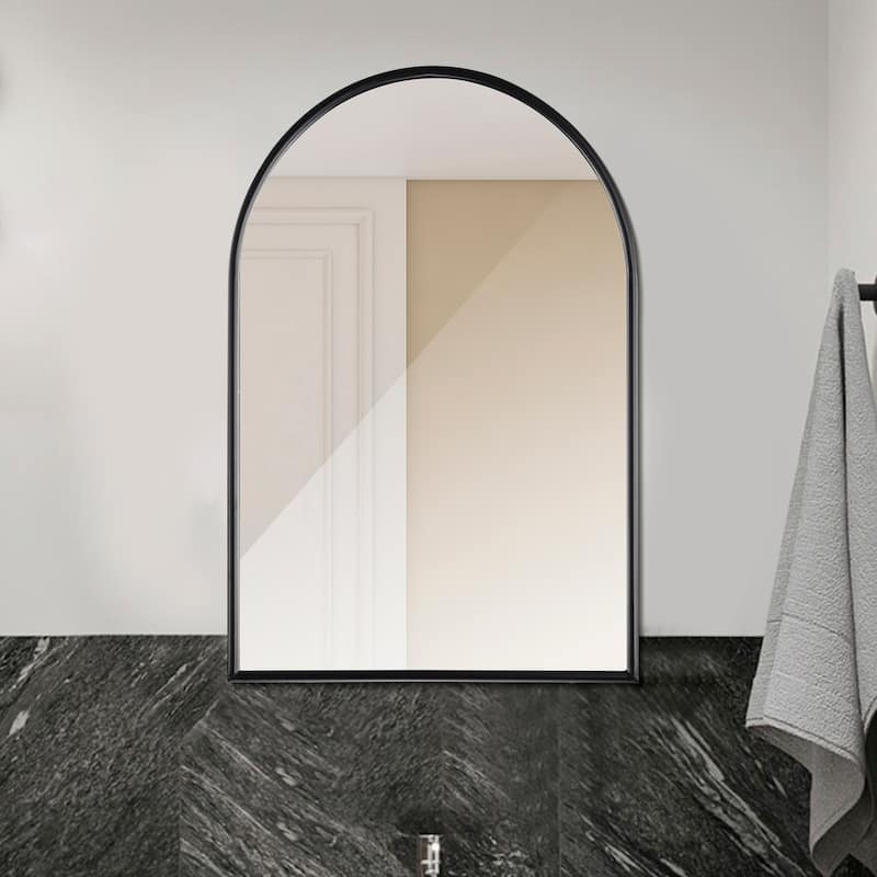Black 24 in. W x 35 in. H Arched Metal Framed Iron Modern Accent Mirror - 23.6 in. W x 35.5 in. H x 1 in. D