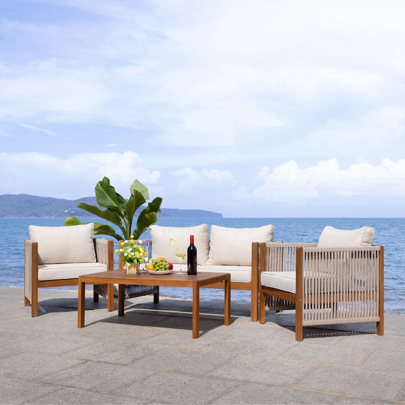 SAFAVIEH Outdoor Patio Furniture Roya 4-Piece Living Set - 52"W x 26"D x 25"H - Natural/Taupe