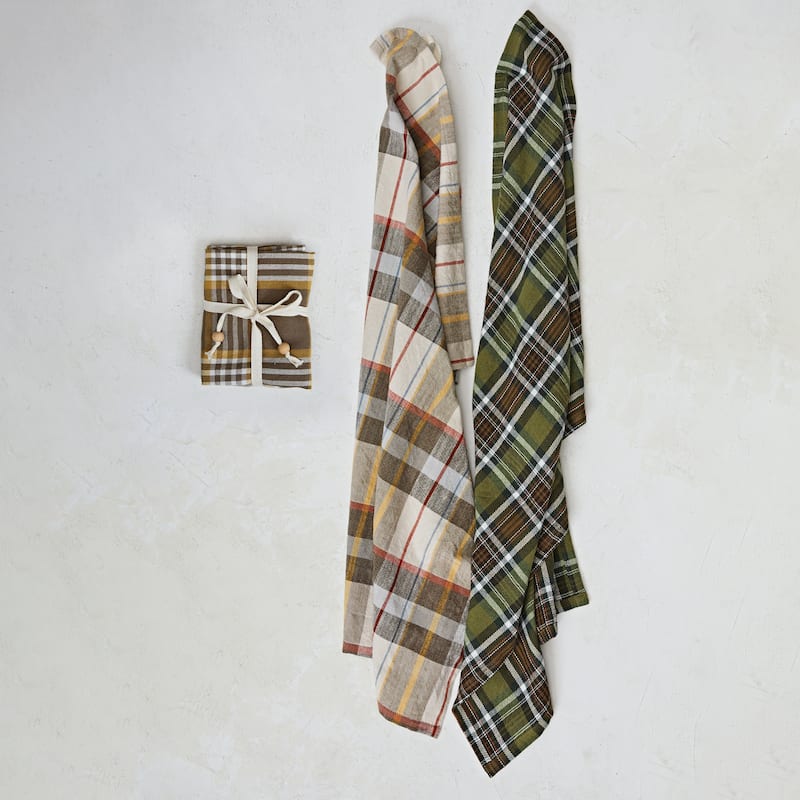Cotton Printed Tea Towels with Tie and Wood Beads - 28.0"L x 18.0"W x 0.3"H