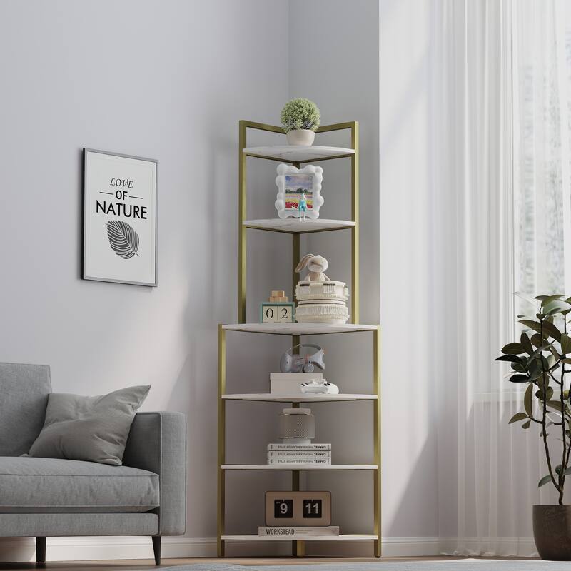 6-Tier Corner Open Shelf Bookcase Wood Rack Freestanding Shelving Unit,Plant Album Trinket Sturdy Stand Small Bookshelf