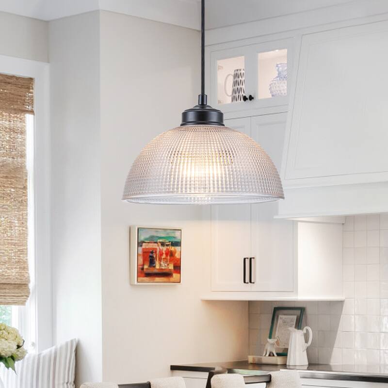 1-Light Matte Black Dome Pendant Textured Glass Kitchen Island Lights for Dining Room - W9.8"× H6.5"