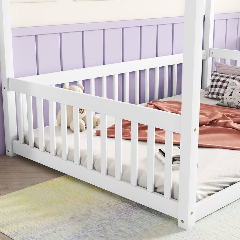Canopy Frame Floor Bed with Fence, Guardrails