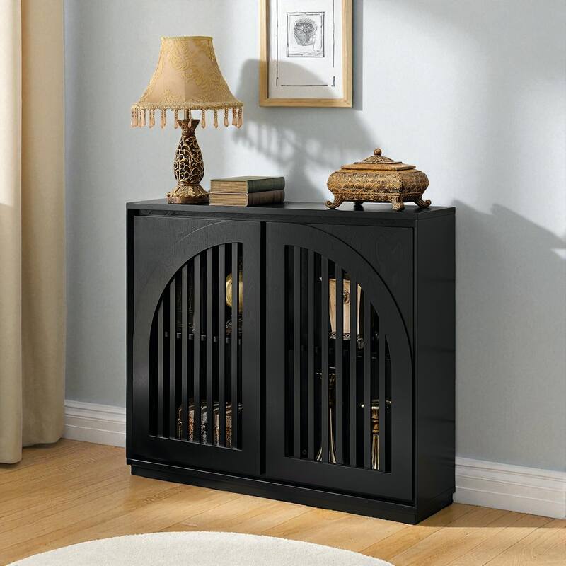 39" Mid Century Fluted Sideboard Cabinet with 2 Outlet Holes, Buffet Storage Cabinet for Entryway Kitchen Hallway - Black