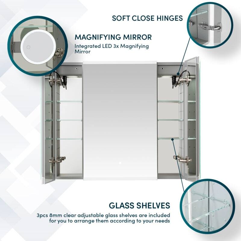 AQUADOM Edge Royale Bathroom Led Lighted Medicine Cabinet Defogger, 3X LED Adjustable Magnifying Mirror, Electrical Outlets.