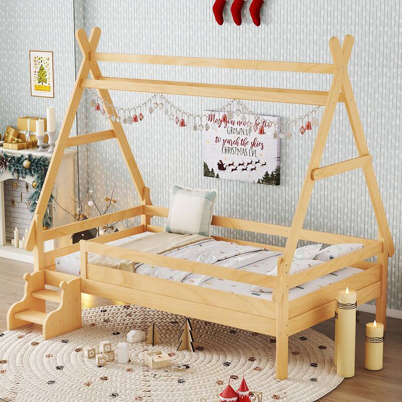 Childlike Fun House-shaped Platform Bed Frame with Low Profile Stairs