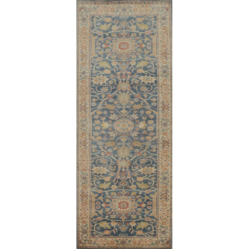 Hand Knotted Oriental 100% Wool Carpet Traditional All-Over Navy Blue & Blues Ziegler Runner Rug - 9' 10'' X 3' 2''