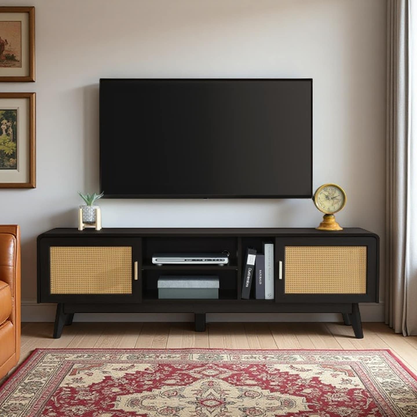 63" Boho Rattan Media Console with 2 Cabinets & 3 Open Shelves, Modern TV Stand for 65 Inch TVs, Dark Wood Entertainment Unit