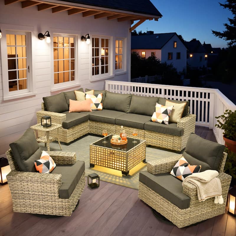 OVIOS 9 Pieces T shaped Seat Wide Armrest Swivel Chair Set With Solar-Powered Table - Black