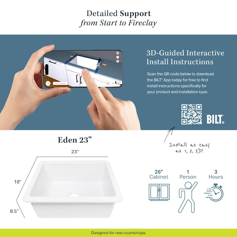 Eden Crisp White Fireclay 23" Single Bowl Undermount Kitchen Sink and Drain - 23 x 18 x 8.5