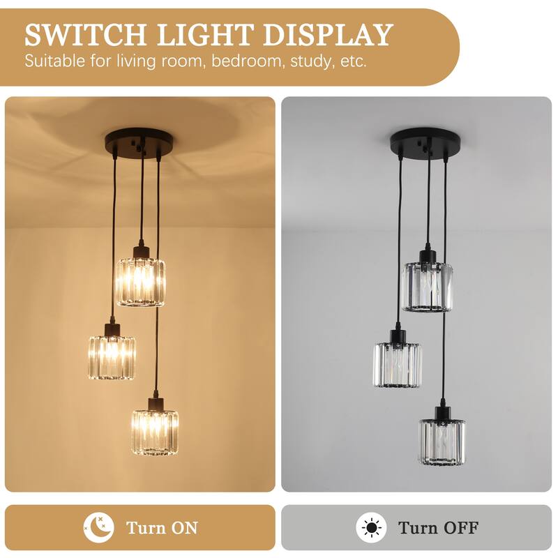 3-Light Modern Metal Hanging Pendant Light Ceiling Light Chandelier with Crystal Cover for Kitchen Island