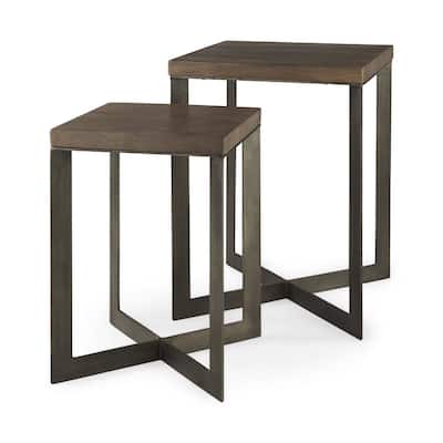 2-Pieces 26 Inch Brown Solid Wood Square End Table with Metal Base - 19" x 19" x 26"
