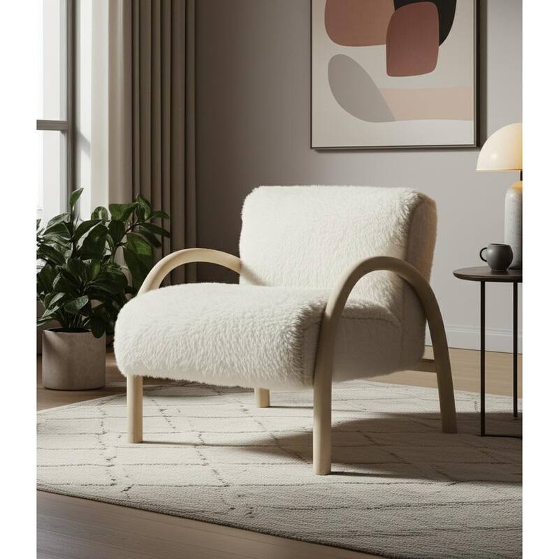 HomeRoots 30" Off White and Natural Faux Fur And Wood Arm Chair - 29.75 in. x 31.00 in. x 31.00 in. - 29.75 in. x 31.00 in.  x 31.00 in.