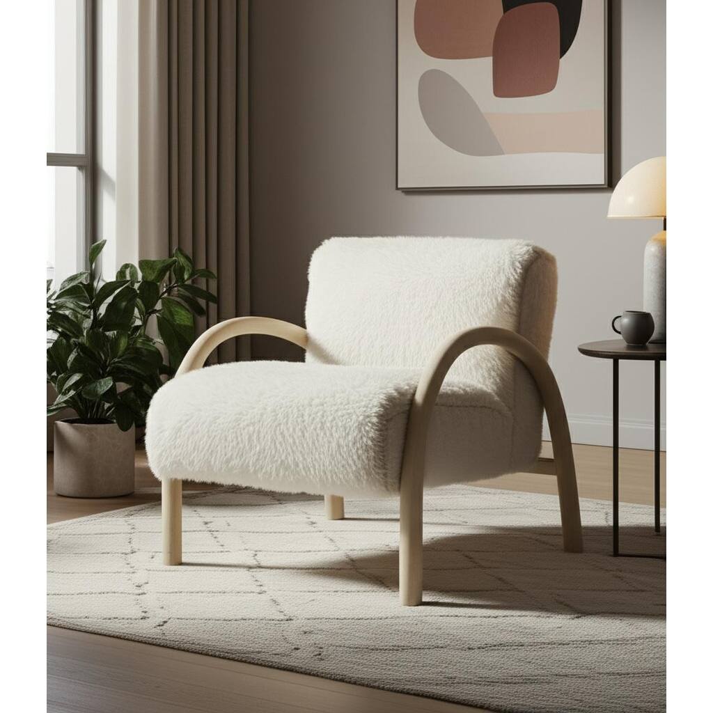 HomeRoots 30" Off White and Natural Faux Fur And Wood Arm Chair - 29.75 in. x 31.00 in. x 31.00 in.