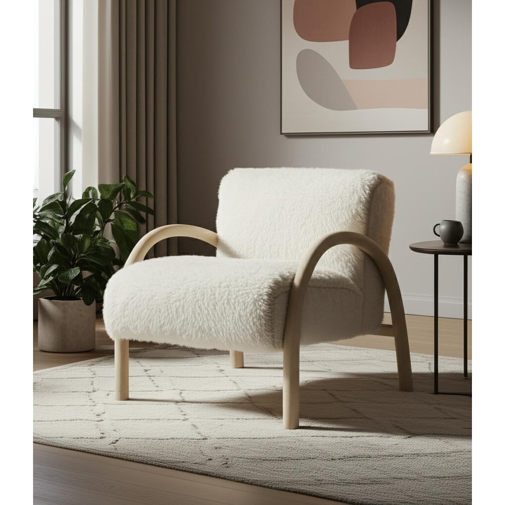 HomeRoots 30" Off White and Natural Faux Fur And Wood Arm Chair - 29.75 in. x 31.00 in. x 31.00 in.