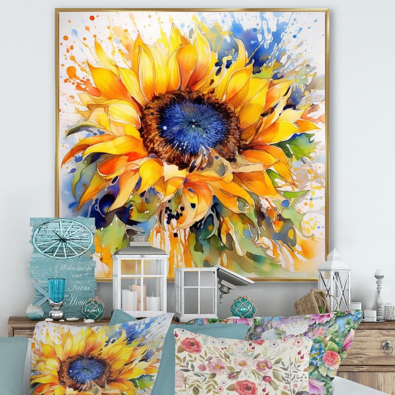 Designart "Yellow Blue Golden Cheerful Sunflowers" Sunflowers Framed Canvas Wall Art - Gold - 36 in. wide x 36 in. high