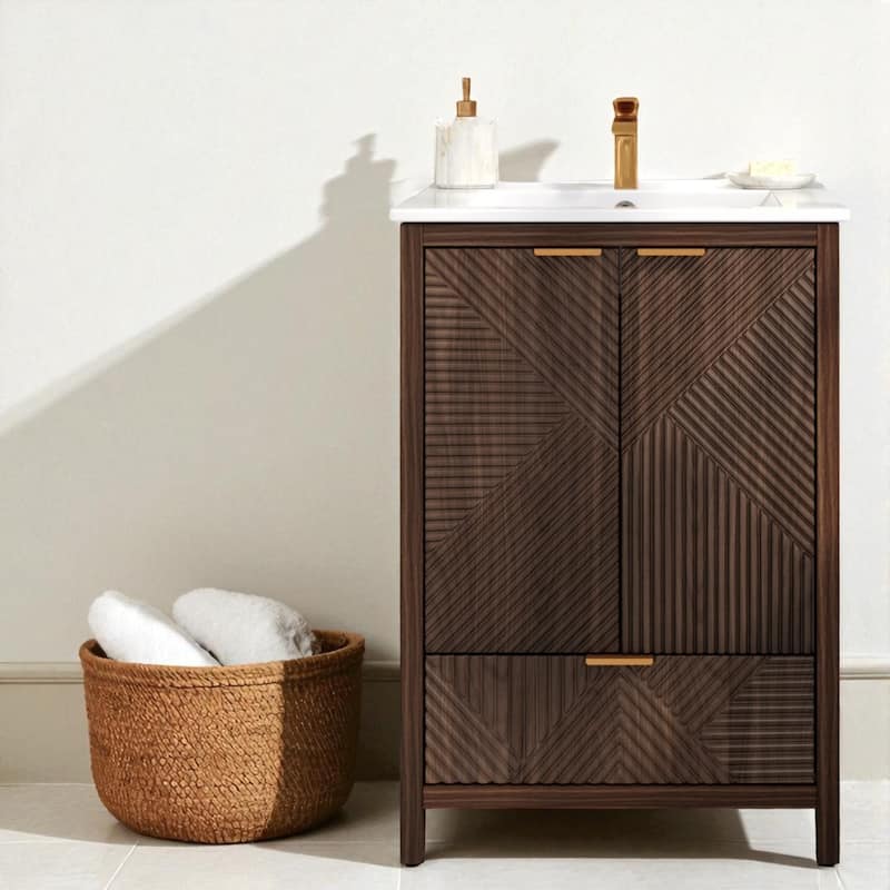 24" Bathroom Vanity with Ceramic Sink, Single Faucet Hole, Drawer Storage, Soft Close Doors and Textured Panels