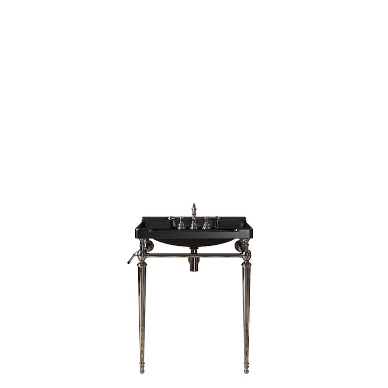 Bathroom Console Sink, Wall-Mounted Black Ceramic Vanity Basin with Pre-drilled Faucet Holes - Black,Chrome