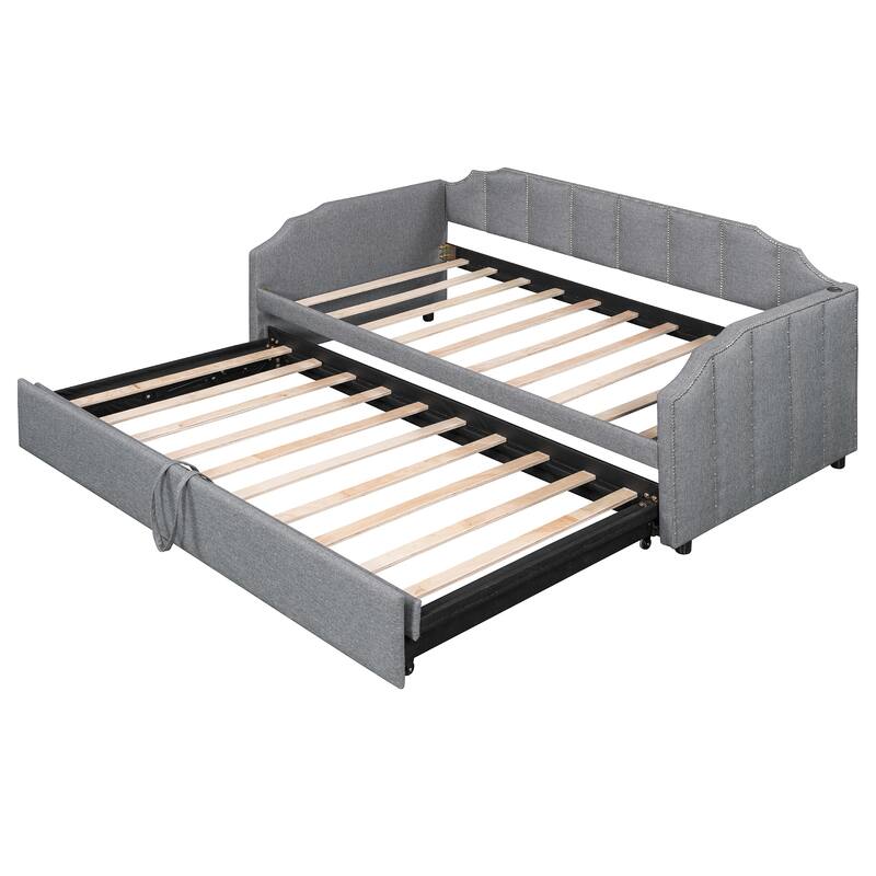 Twin Upholstered Daybed with Pop-Up Trundle, USB Charging Ports, Convertible Sofa Bed