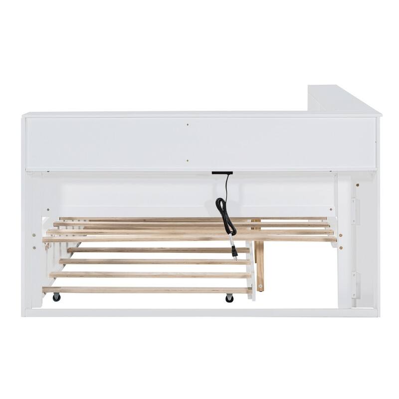Wooden Full Size DayBed with Twin Size Trundle, DayBed with Storage Shelf and USB Charging Ports