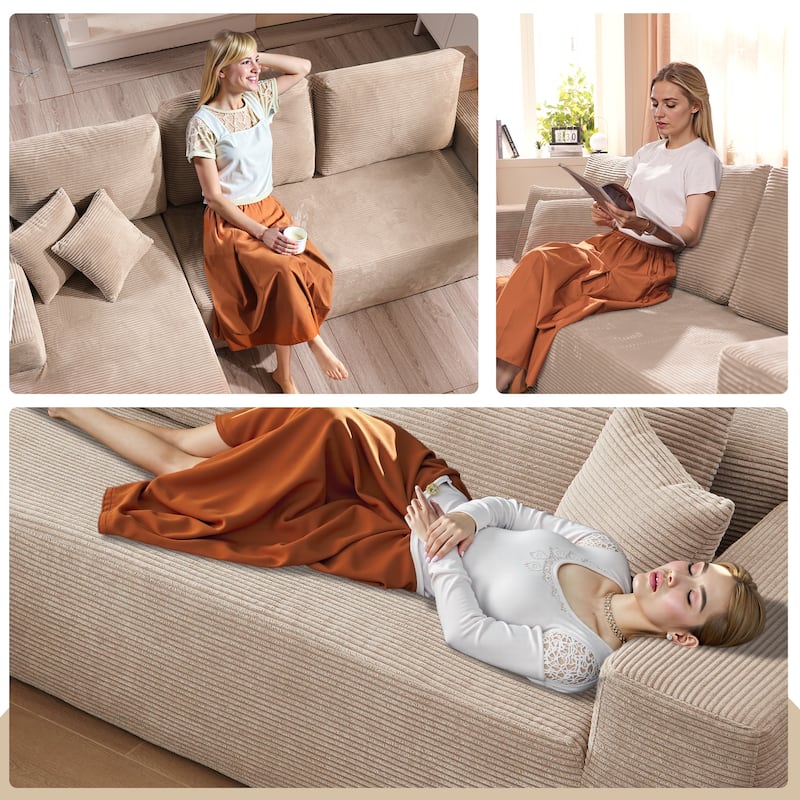 HOOOWOOO Modern L-Shaped Sectional Sofa Corduroy Upholstery Couch with Pillows