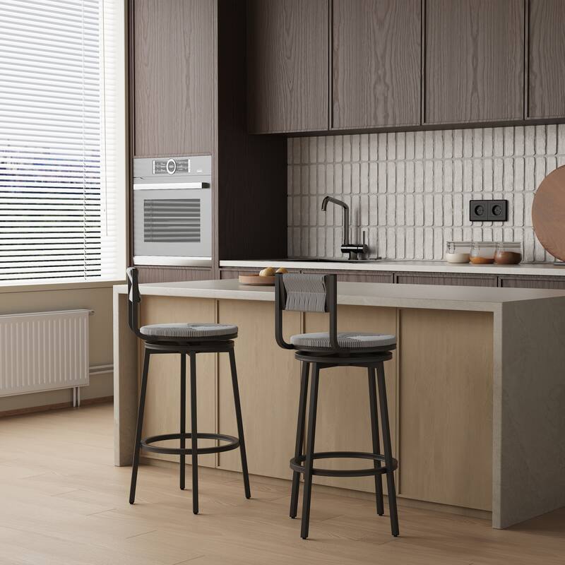 Modern Bar Stools Swivel Counter Chairs with Metal Frame Set of 2 Hand Woven Paper Rope Dining Barstools for Kitchen Counter - Grey