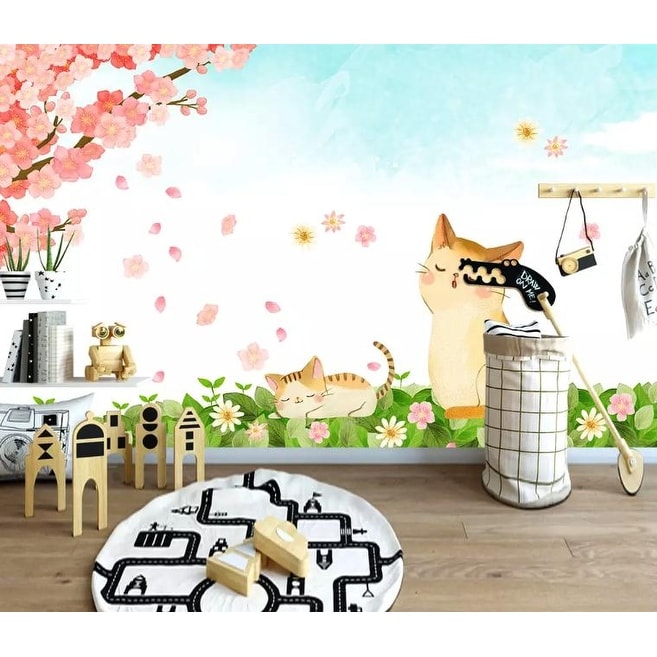 Cartoon Cat Cherry Blossom Kids Removable Textile Wallpaper - On Sale -  Overstock - 32588232