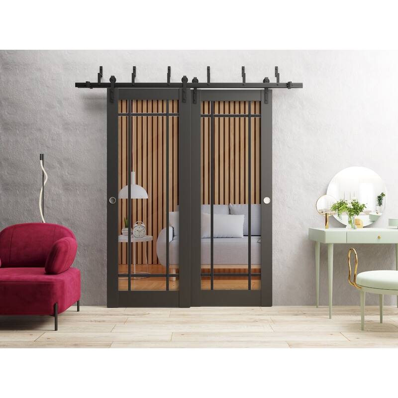 Barn Bypass Doors 36 x 80 Lucia 2266 Matte Black Clear Glass Sturdy 6.6ft