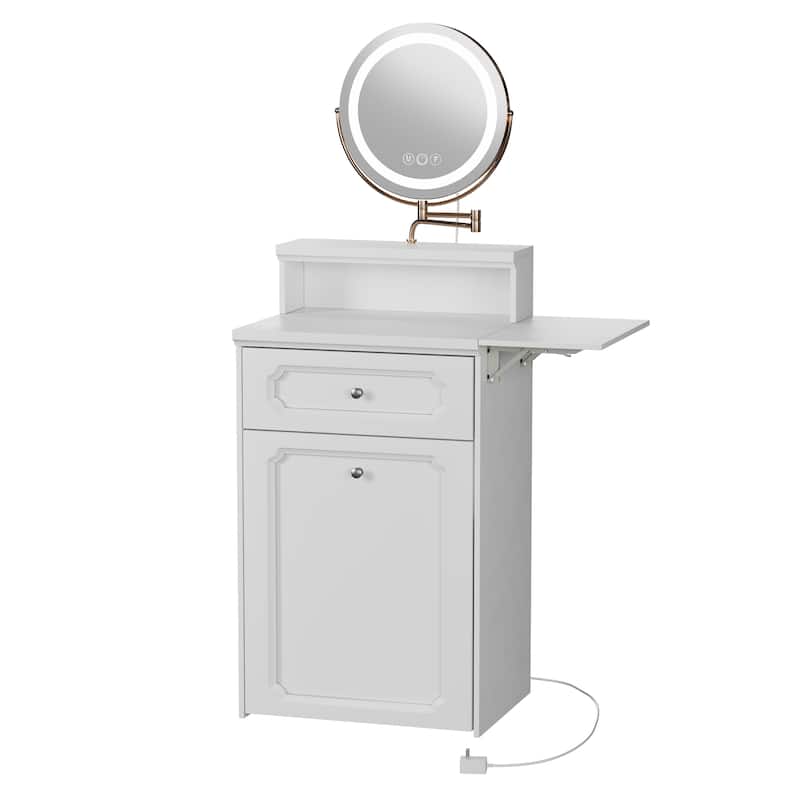 Makeup Vanity with Round Mirror, Lights, 2-in-1 Nightstand, a Chair