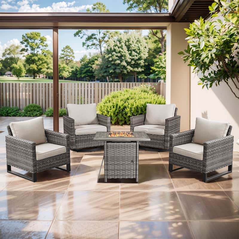 Outdoor Pocassy Glider Chairs Patio Chairs with Fire Table - Grey Wicker Beige Cushion - 5 Pieces Patio Chairs
