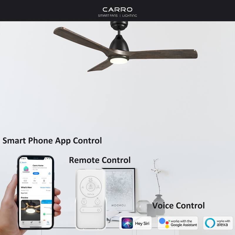 CARRO Abbott 48" 3-Blade Smart Ceiling Fan with LED Light Kit and Remote-Solid Wood - Black/Solid Wood Walnut - Remote
