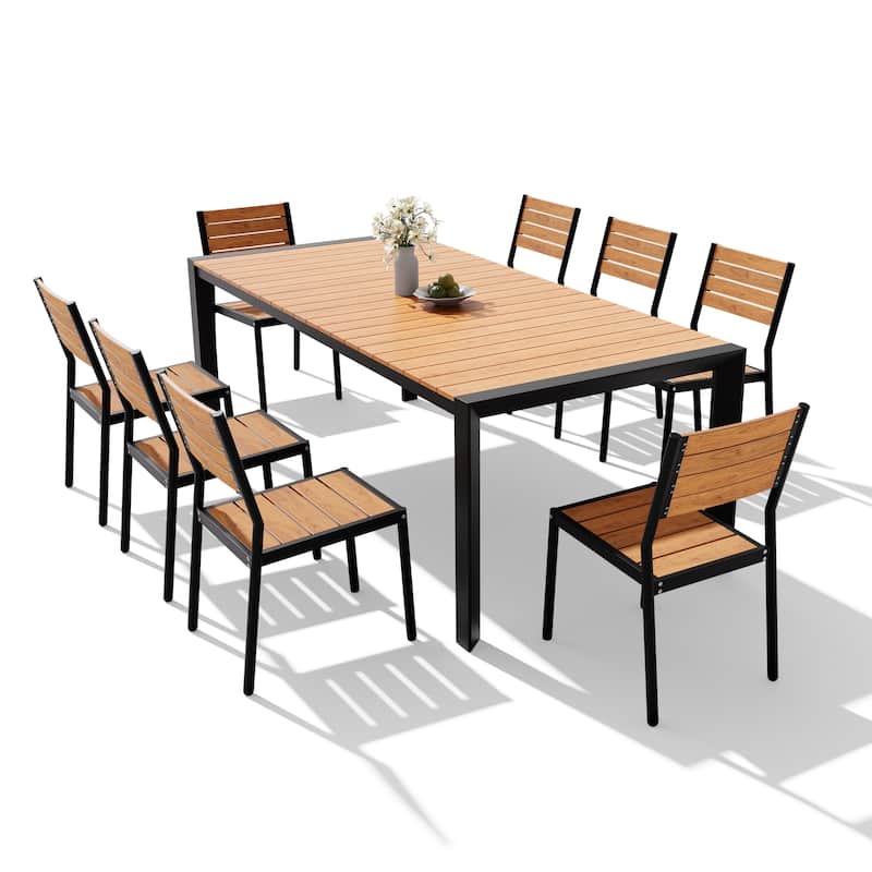 9PCS Outdoor Aluminum Dining Table with Umbrella Hole and Stackable Dining Chairs - Brown