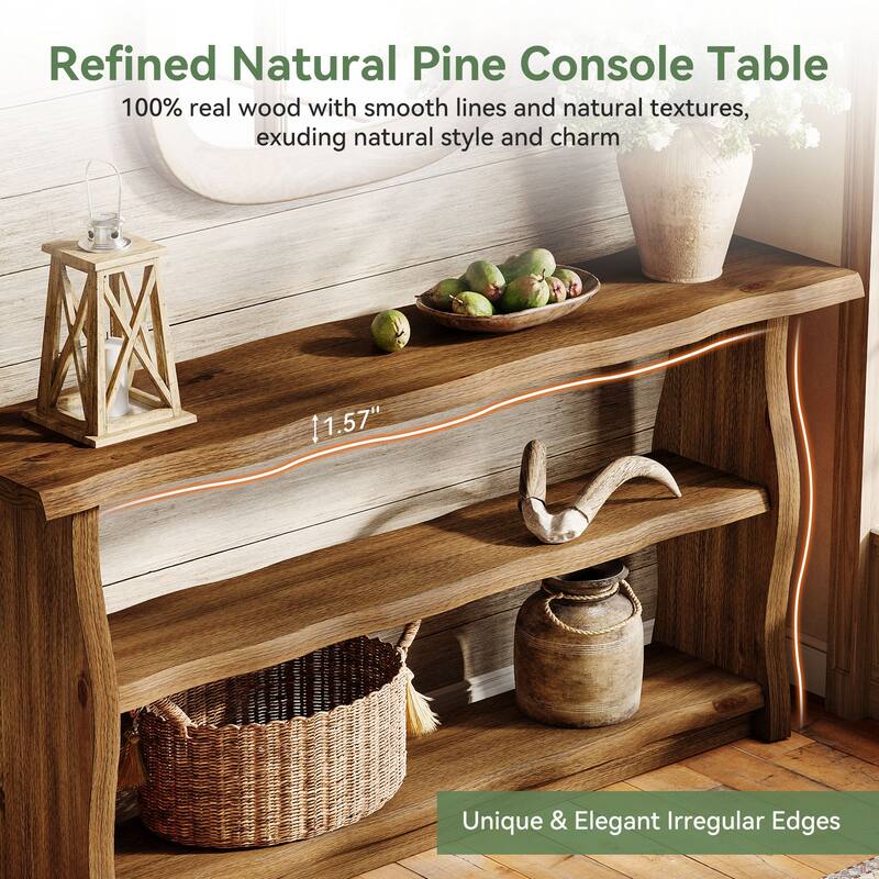 3-Tier Rustic Pinewood Entryway Table with Storage Shelves