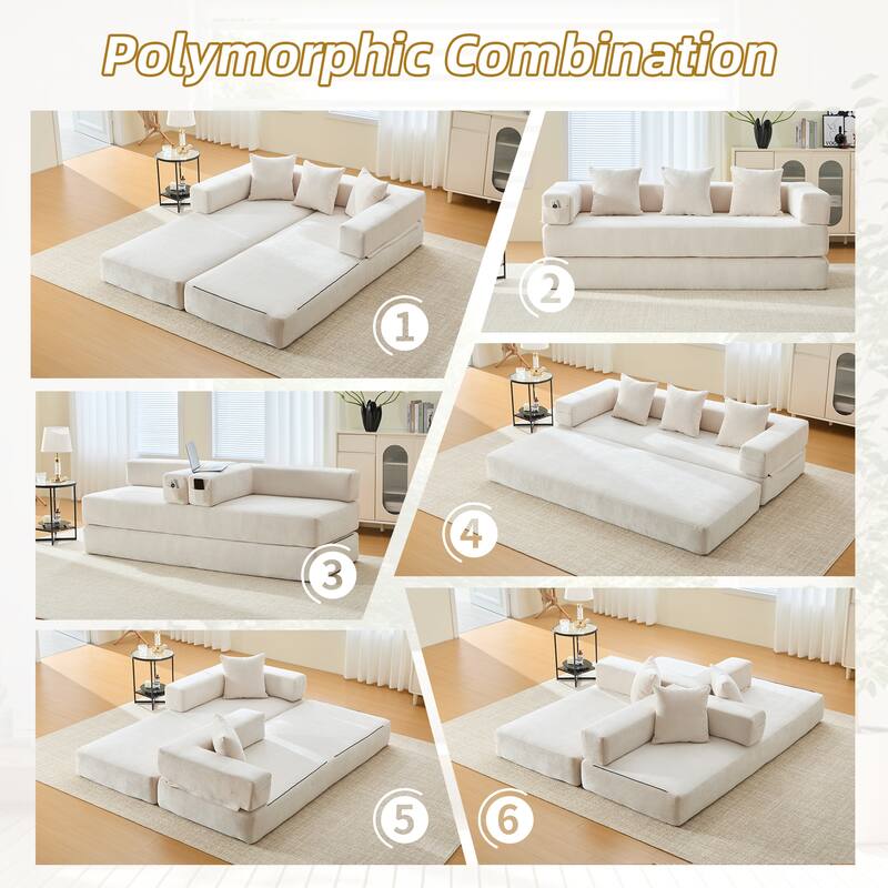 6-in-1 Folding Memory Foam Sleeper Sofa Bed Chenille Floor Chaise Lounge Couch with Side Pocket, Removable & Washable Cover
