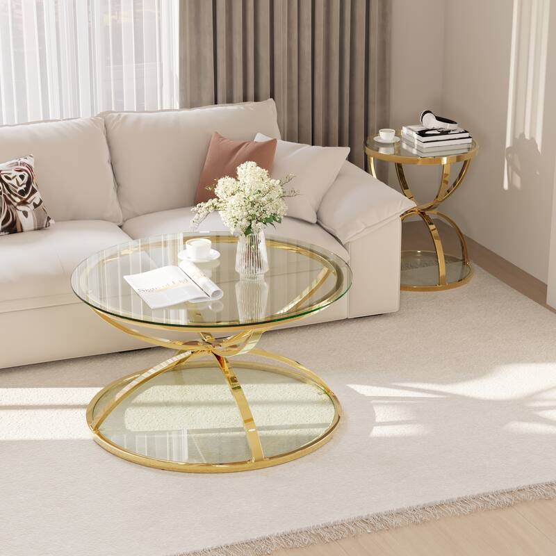 Modern 2 Tiers Glass Coffee Table with Ring-Shaped Metal Frames