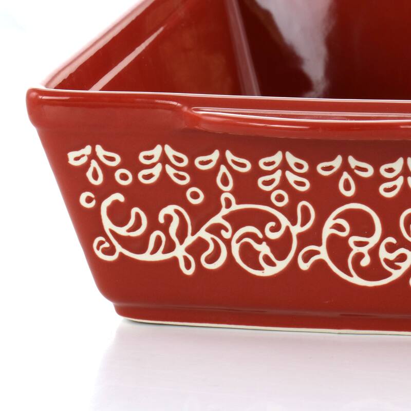 Laurie Gates 2Pc Tierra Wax Relief Stoneware Baker Set in Red and Mint