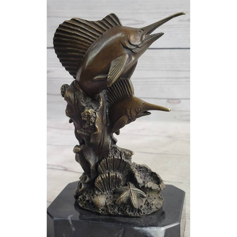 Marlins Sailfish Swordfish Jumping Out Of Ocean Bronze Sculpture Statue Decor On Marble Base