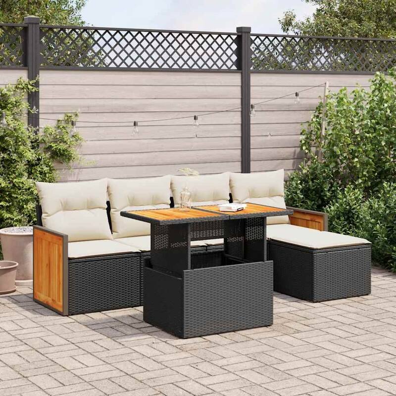 vidaXL Patio Sofa Set with Cushions Modular Sofas and Table 6 Piece Poly Rattan - Black and cream with storage - 39.4 x 21.7 x 17.3 in