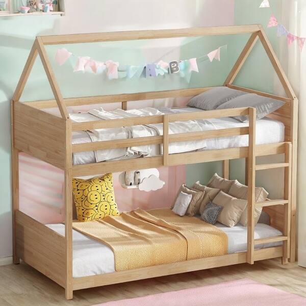 slide 2 of 20, Twin Over Twin House Floor Bunk Bed with Headboards, Footboards and Guardrails, Ladder White Oak