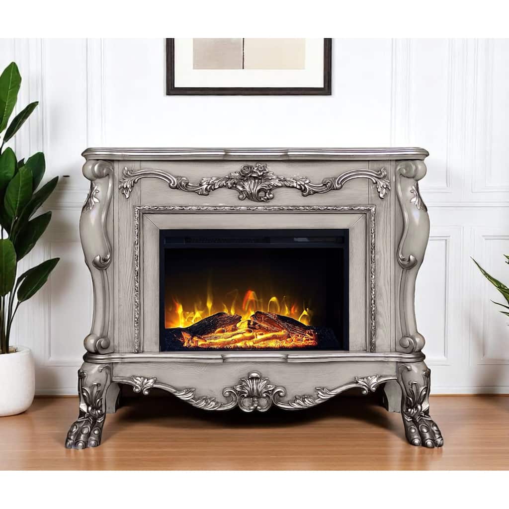 47" Bone Wood Ornate Carved Scrollwork Electric Free Standing Fireplace With Mantle
