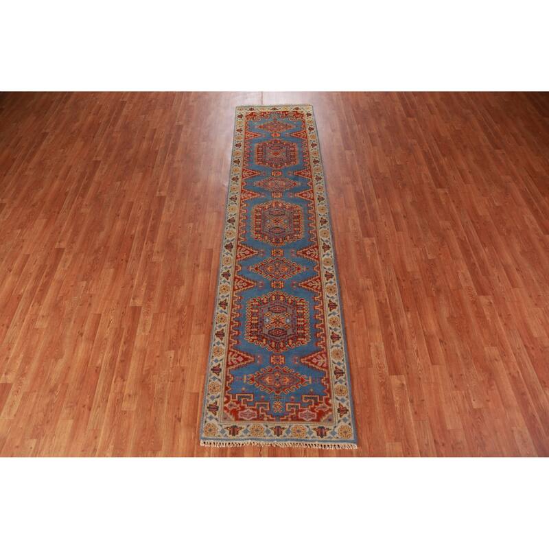 Hand Knotted Oriental 100% Wool Carpet Traditional Geometric Navy Blue & Blues Viss Runner Rug - 10' 0'' X 2' 6''