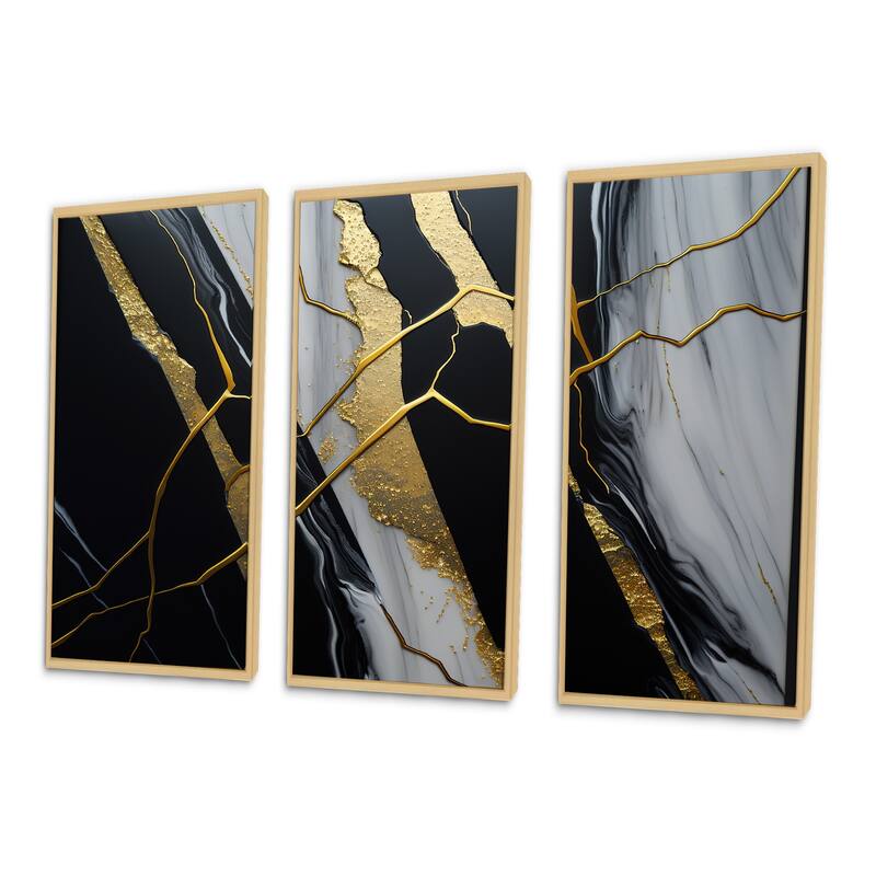 Designart "Abstract Geode Black II" Abstract Marble Framed Canvas Art Print - 3 Panels