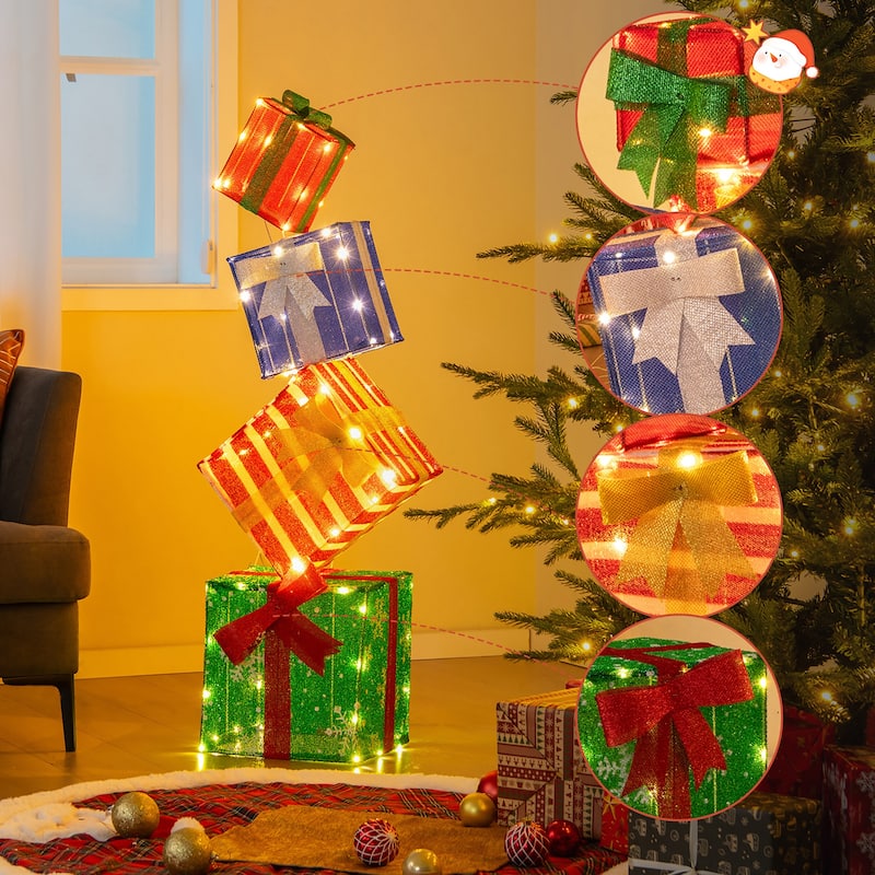 Gymax 48'' Lighted Stacked Gift Boxes Light up Box Tower Christmas - Multi-colors - See Details