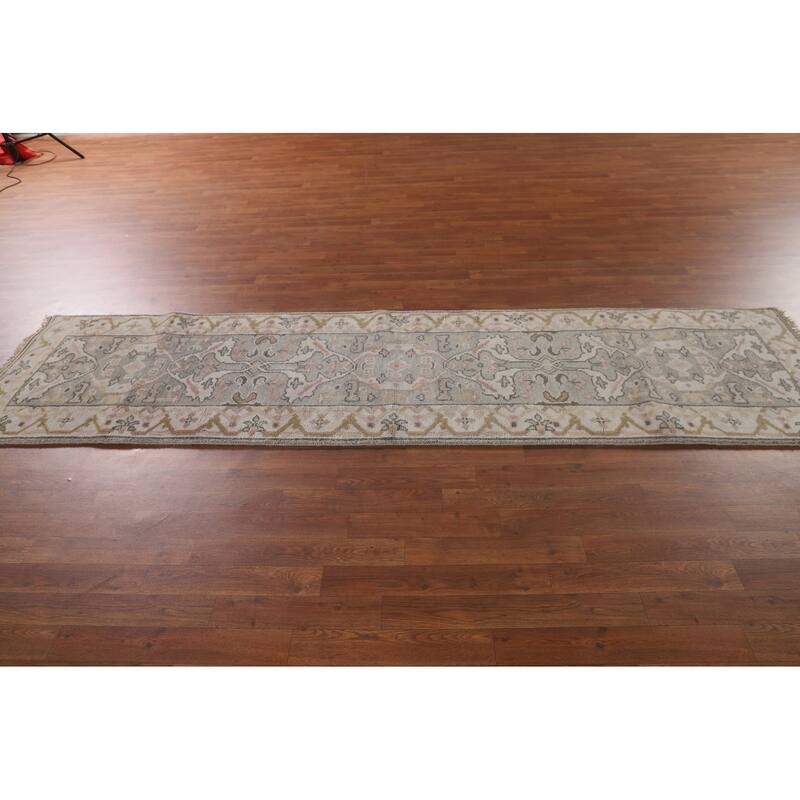 Floral Grey Oushak Oriental Runner Rug Handmade Wool Carpet - 2'7"x 9'11"